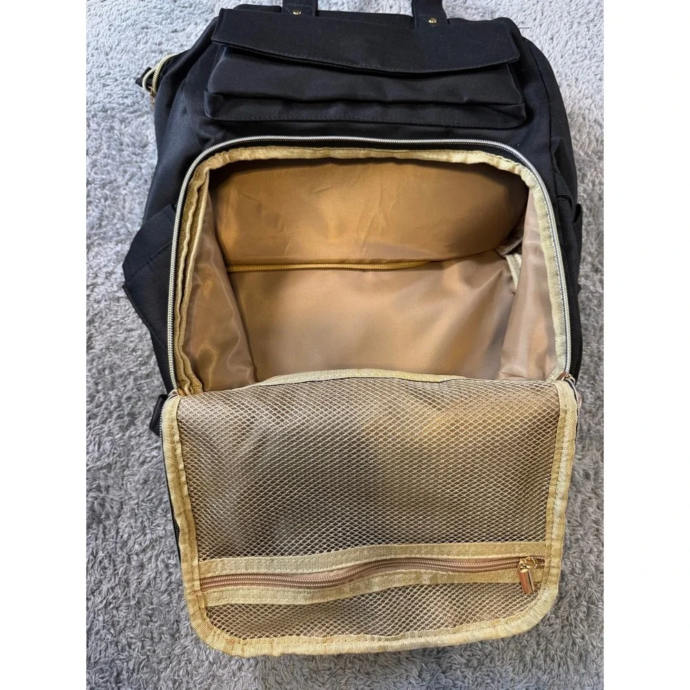 Black Nylon Diaper Bag Backpack Gold Hardware Multi-Pocket
